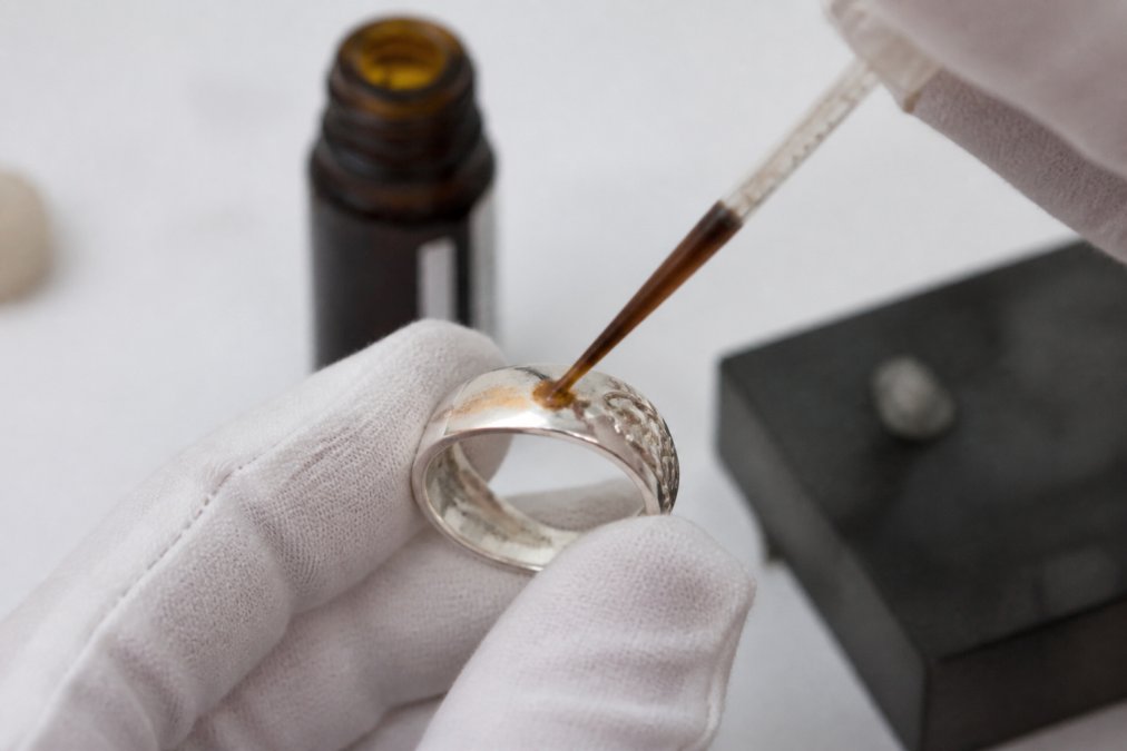 Detaillierte Nahaufnahme eines Säuretests mit brauner Prüfsäure auf einem silbernen Schmuckstück, die Farbveränderung auf der Oberfläche zeigend, unter heller Beleuchtung