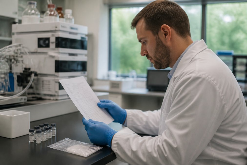 Researcher reviewing a Certificate of Analysis during peptide purity screening in a laboratory setting