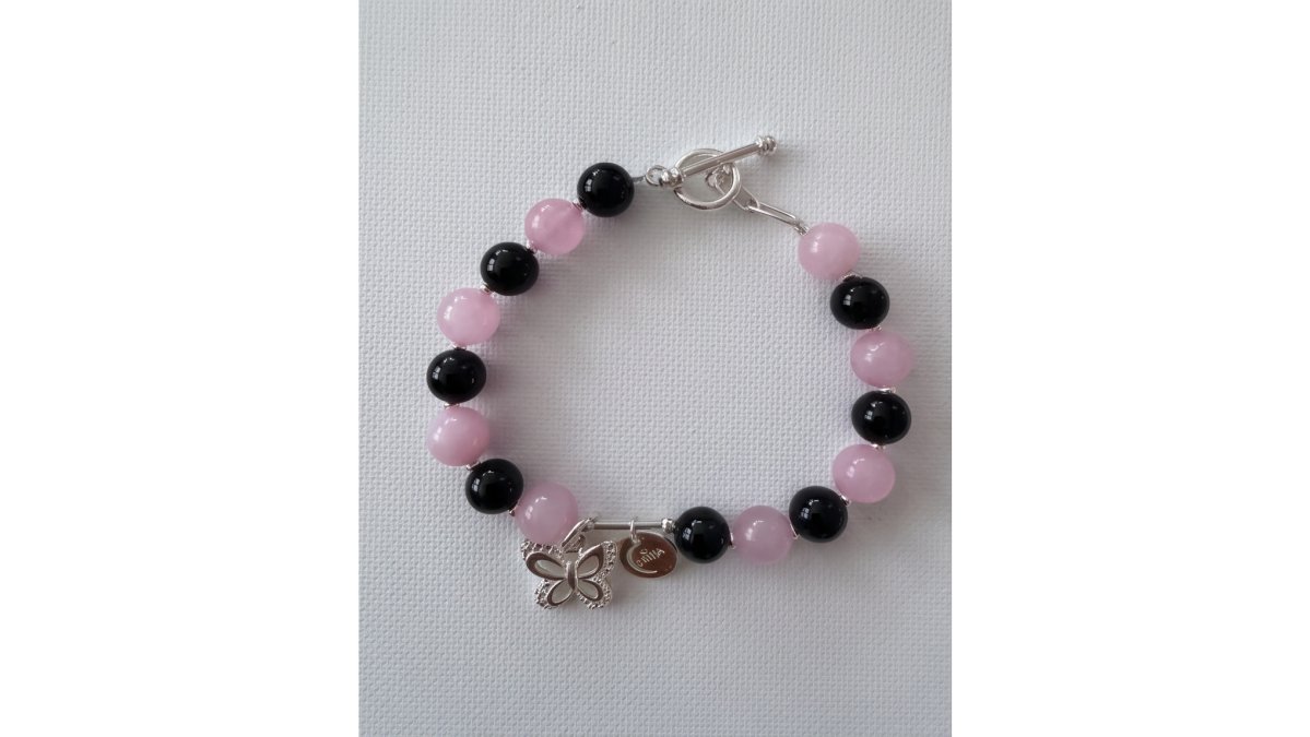 .950 Sterling Silver Rose Quartz Onyx Bracelet - 7.5”