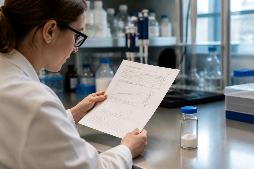 Close-up of a scientist in a modern laboratory reviewing a printed Certificate of Analysis document next to a glass vial of lyophilized peptide powder on a clean bench