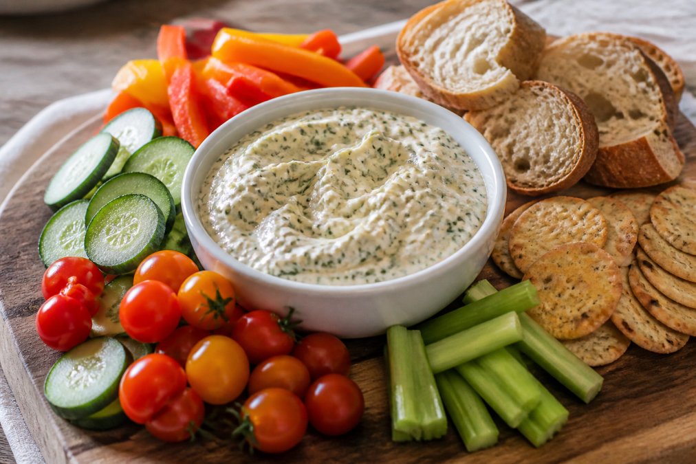 Close-up of a creamy herb dip in a white ceramic bowl surrounded by colorful fresh vegetables including cherry tomatoes, cucumber slices, and bell peppers, with crusty bread slices and crackers arranged on a rustic wooden entertaining board in natural afternoon light