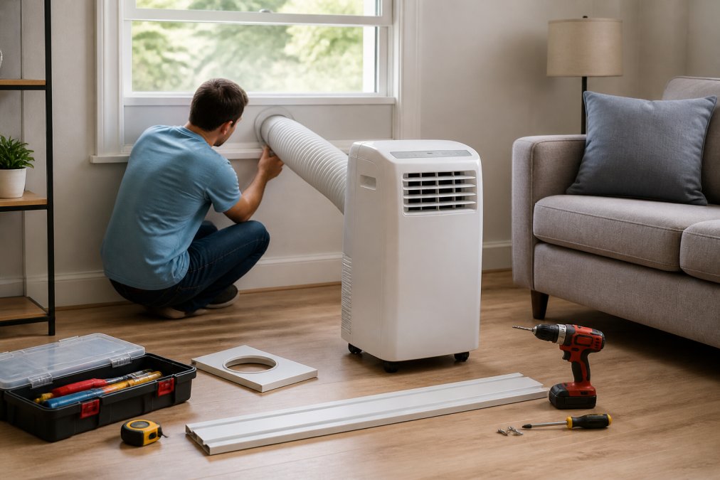 Person installing an exhaust hose and window panel kit for an air conditioning unit in a bright living room