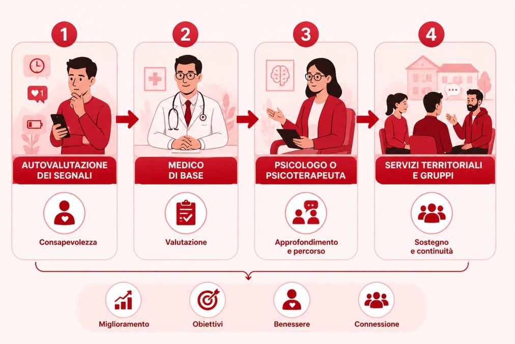 Diagramma di flusso che illustra il percorso di cura e supporto professionale per superare la dipendenza da cellulare.