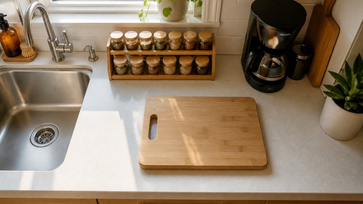 Bamboo spice rack, cutting board, and coffee maker neatly arranged on a bright apartment kitchen counter