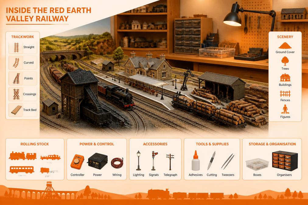 A wide view of a large home model railway layout in a workshop, with the HobbyTrax logo visible on a box in the background, showing multiple tracks, a coal drop, station buildings and a logging yard under warm overhead lighting