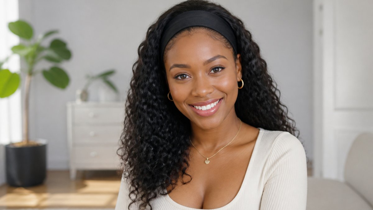 A woman with natural-looking curly hair wearing a headband wig, smiling confidently in a bright room, with a soft neutral background
