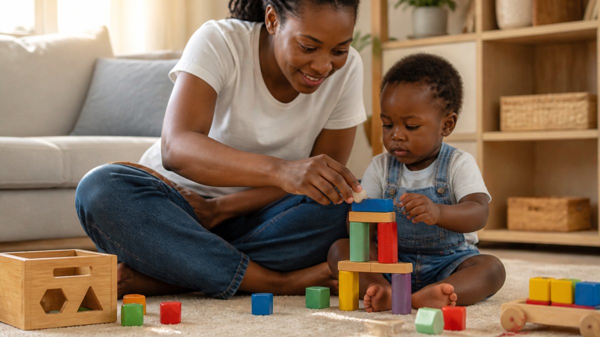 A mother guiding her toddler to stack colorful wooden educational toys on a sunny living room floor