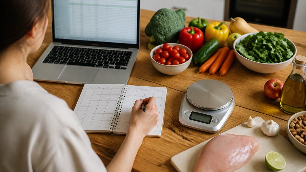 Five-step process for nutrition planning with a person organizing meals using a kitchen scale and laptop.