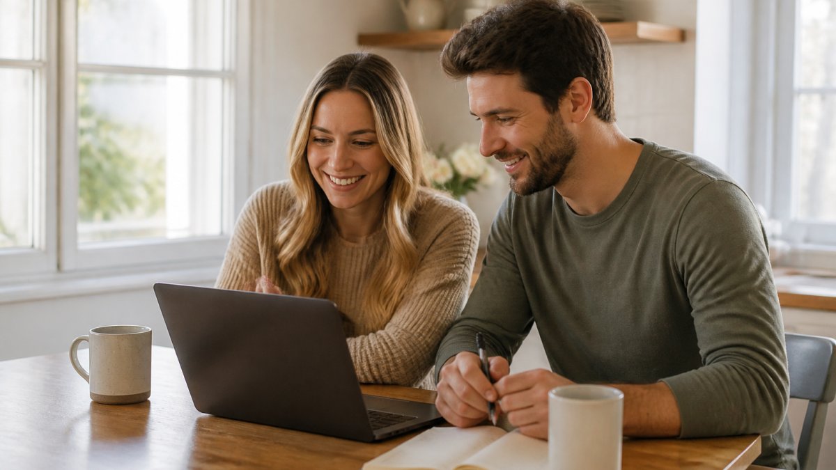 A couple in their late twenties sitting at a kitchen table with a laptop open, a notebook, and two coffee mugs, reviewing a shared planning dashboard together in warm morning light