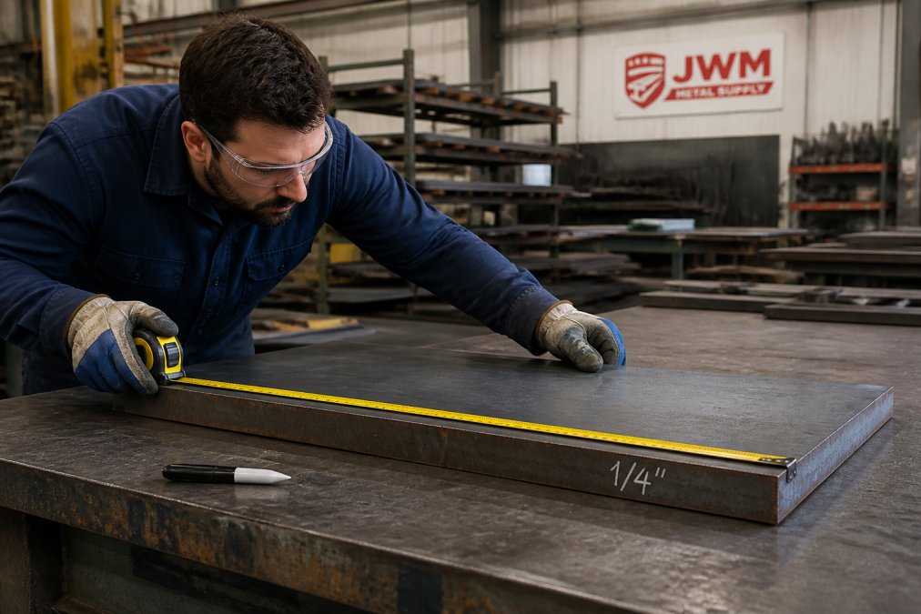 Worker measuring a thick steel plate with a tape measure in an industrial fabrication shop