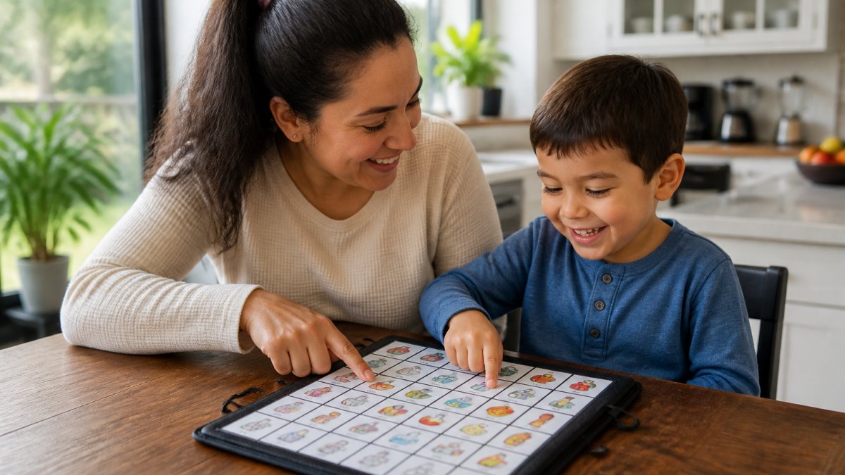 Parent and child using a communication board at home to practice AAC awareness through shared interaction