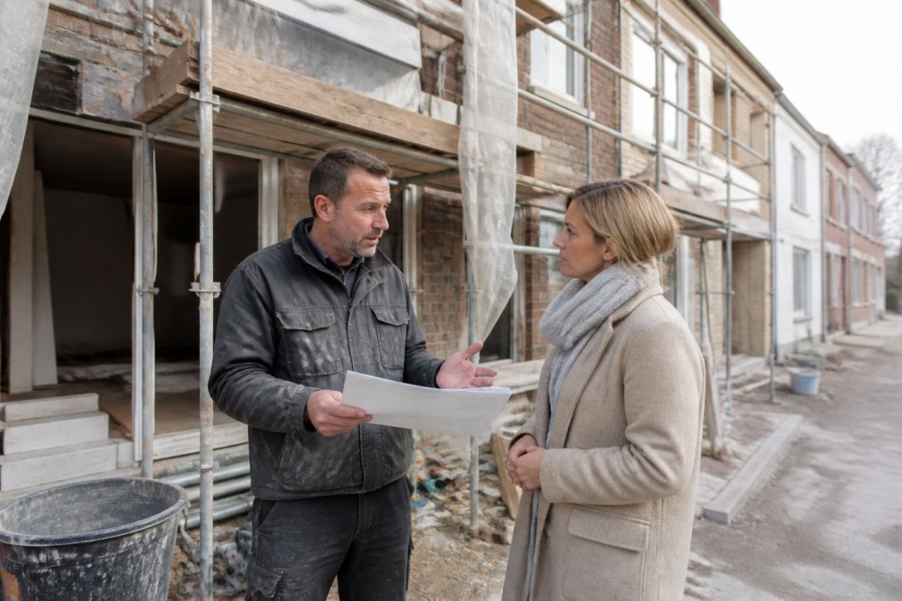 Aannemer per uur bespreekt werkzaamheden met een huiseigenaar bij een renovatieproject in Antwerpen.
