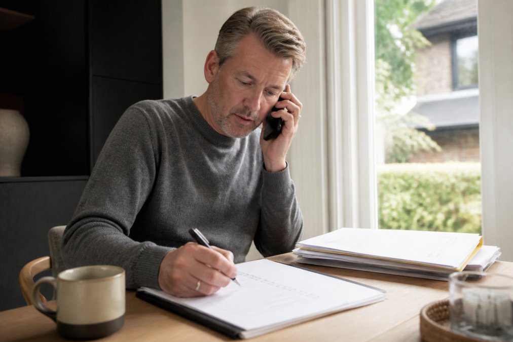 Huiseigenaar voert telefoongesprek met referentie van aannemer, notities makend op papier met checklist op tafel, natuurlijk daglicht door raam