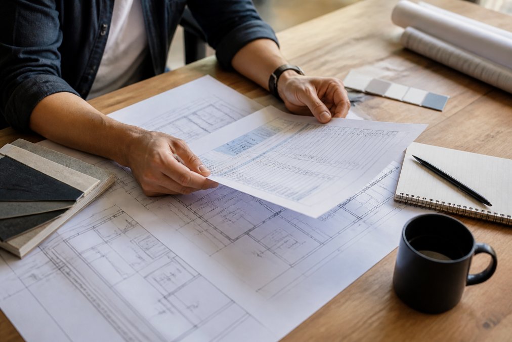 Close-up van handen die renovatieofferte en bouwplannen bestuderen op een bureau met laptop, notitieboek en koffie, kantoorlicht