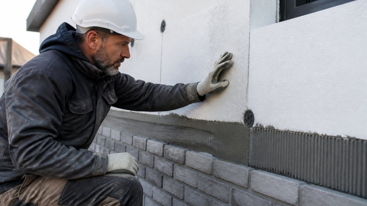 Professionele aannemer controleert isolatielagen en afwerking op een buitenmuur met zichtbare EPS-isolatie en minerale voeg, onder helder daglicht