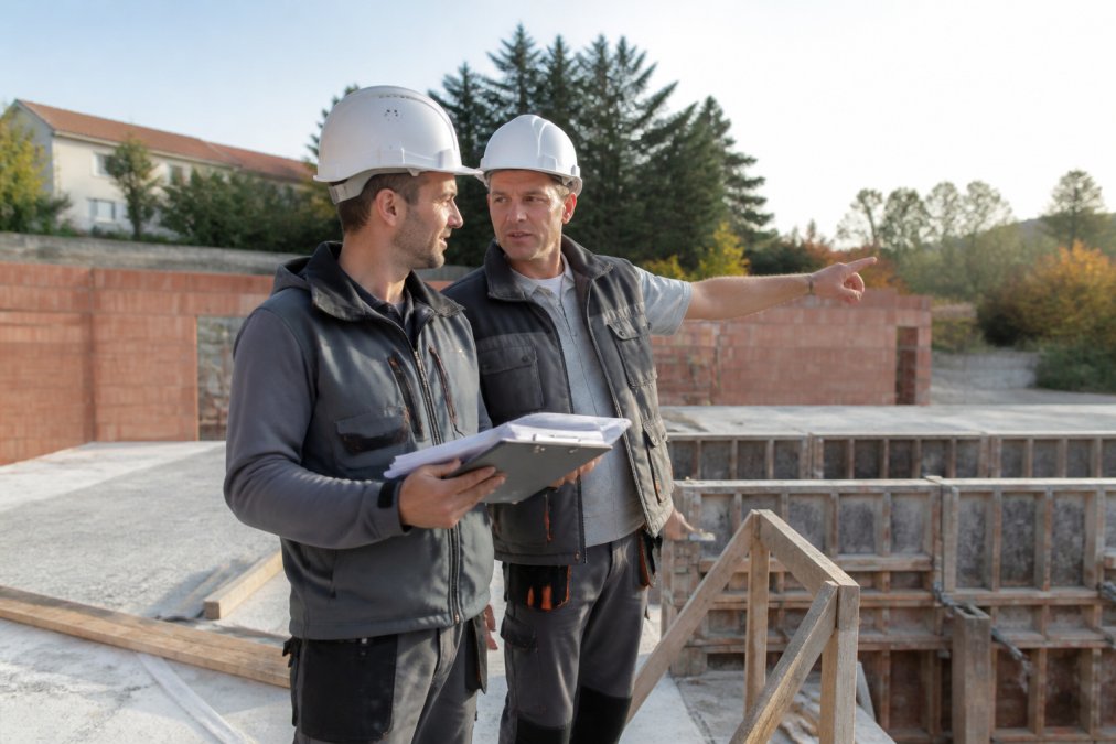 Twee bouwvakkers in veiligheidshelmen en werkkleding inspecteren een bouwplaats met een klembord en bouwplannen, waarbij ze communiceren met elkaar