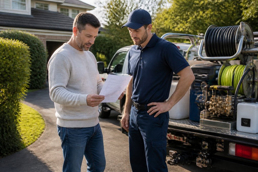 A homeowner in casual clothing reviewing a printed quote document with a uniformed pressure cleaning technician standing beside a professional cleaning rig parked in a suburban driveway on a clear morning