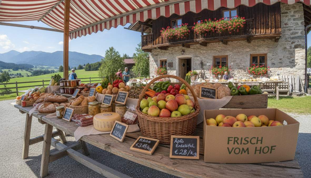 Rustikaler Holztisch in einem österreichischen Hofladen mit frischem Gemüse, Obst und handgeschriebenen Preisschildern aus Karton, warmes Tageslicht fällt durch ein Scheunentor