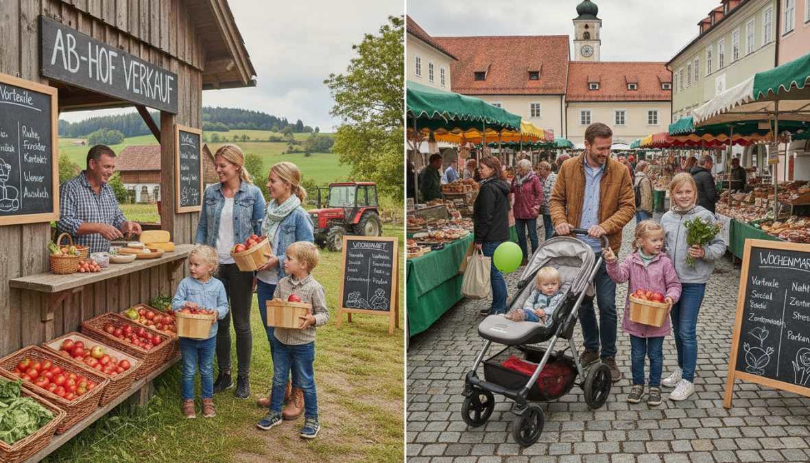 Familie mit zwei Kindern beim Einkauf auf einem Wochenmarkt als Teil der vor- und nachteile von ab-hof-verkauf vs wochenma...
