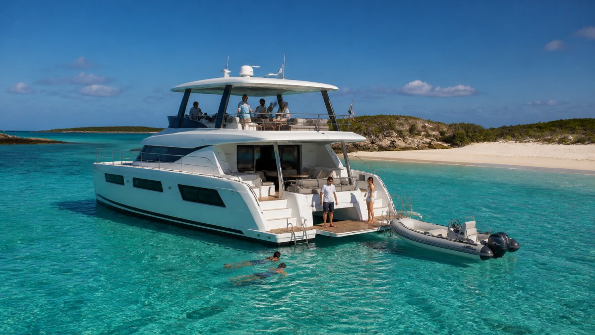 A large power catamaran anchored in shallow turquoise water off a low Exumas cay, white sandbar behind, guests on the flybridge and swim platform, tender moored off the stern
