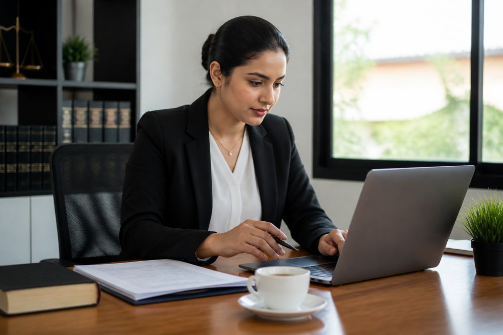 A legal assistant in business attire comparing service options on a laptop at a clean desk with legal documents, a coffee cup, and soft window light