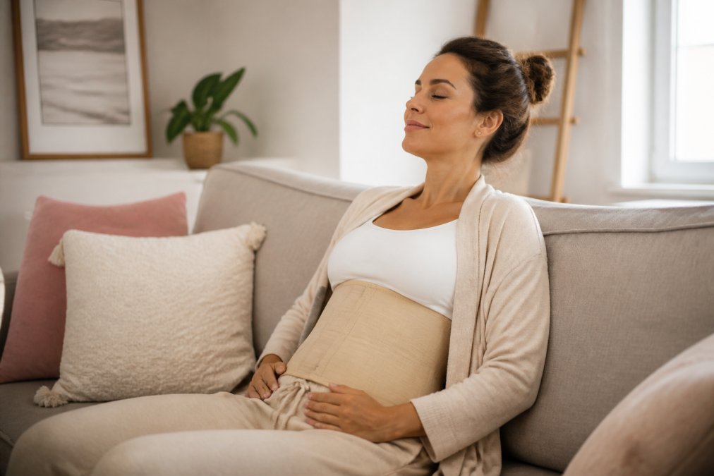 Mujer en ropa cómoda de recuperación descansando en un sofá en casa, sujetando suavemente la zona abdominal con una faja compresiva visible, iluminación cálida y natural que sugiere una recuperación postquirúrgica tranquila