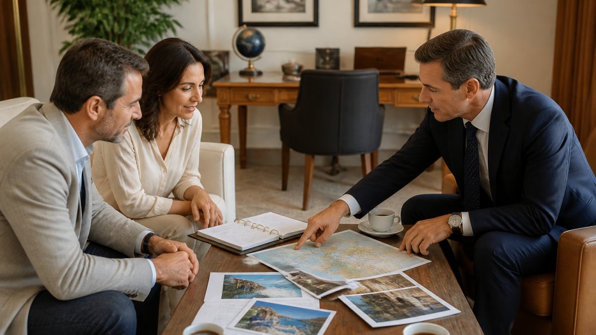 Luxury travel advisor meeting with clients in elegant office, reviewing destination maps and itineraries together over coffee table with travel documents and destination photography