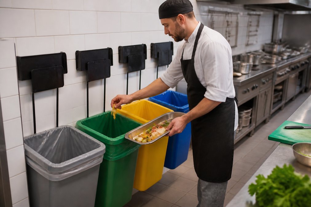 Koch sortiert Abfälle in einer Küche zur Abfalltrennung Gastronomie an farblich gekennzeichneten Müllbehältern an der Wand.