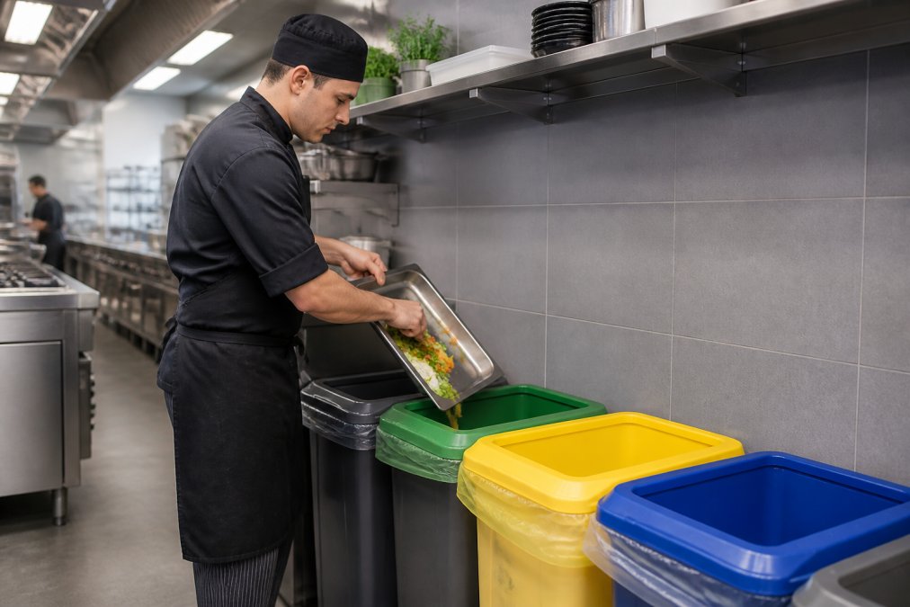 Mitarbeiter in einer Restaurantküche bei der systematischen Abfalltrennung Gastronomie mit farbigen Müllbehältern an der Wand