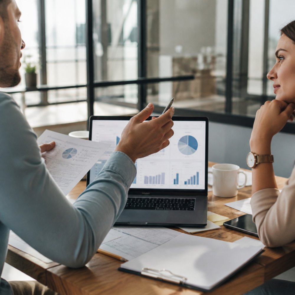Sales and marketing team members reviewing ABM metrics together on a shared screen in a modern office setting, with charts and account data visible, discussing strategy and results