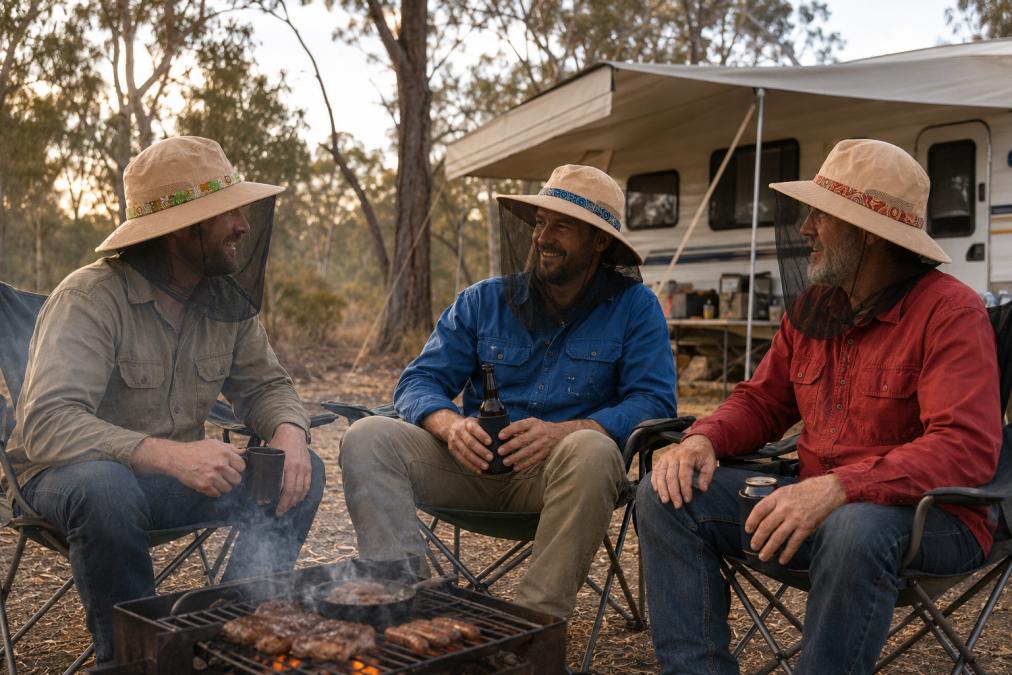Aboriginal clothing and fly net hats featuring licensed Indigenous artwork