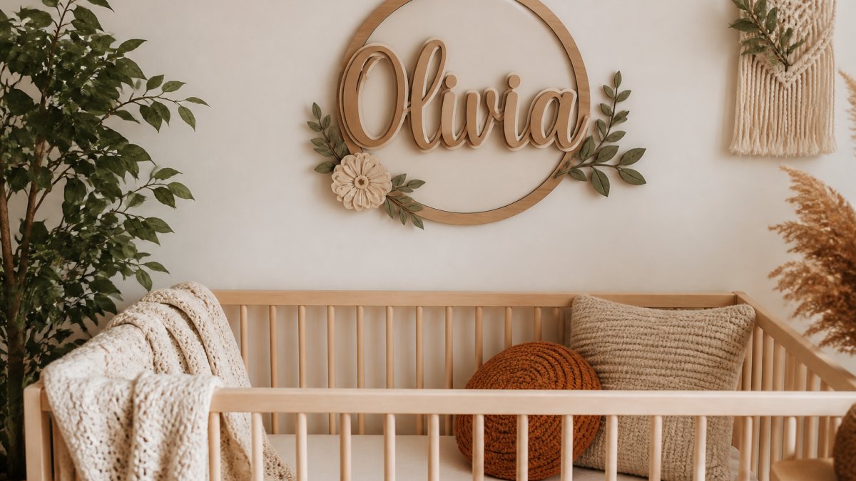 Close-up of handmade wooden name sign with layered letters hanging above a crib in soft natural light, warm earth tones, and boho-style nursery setting
