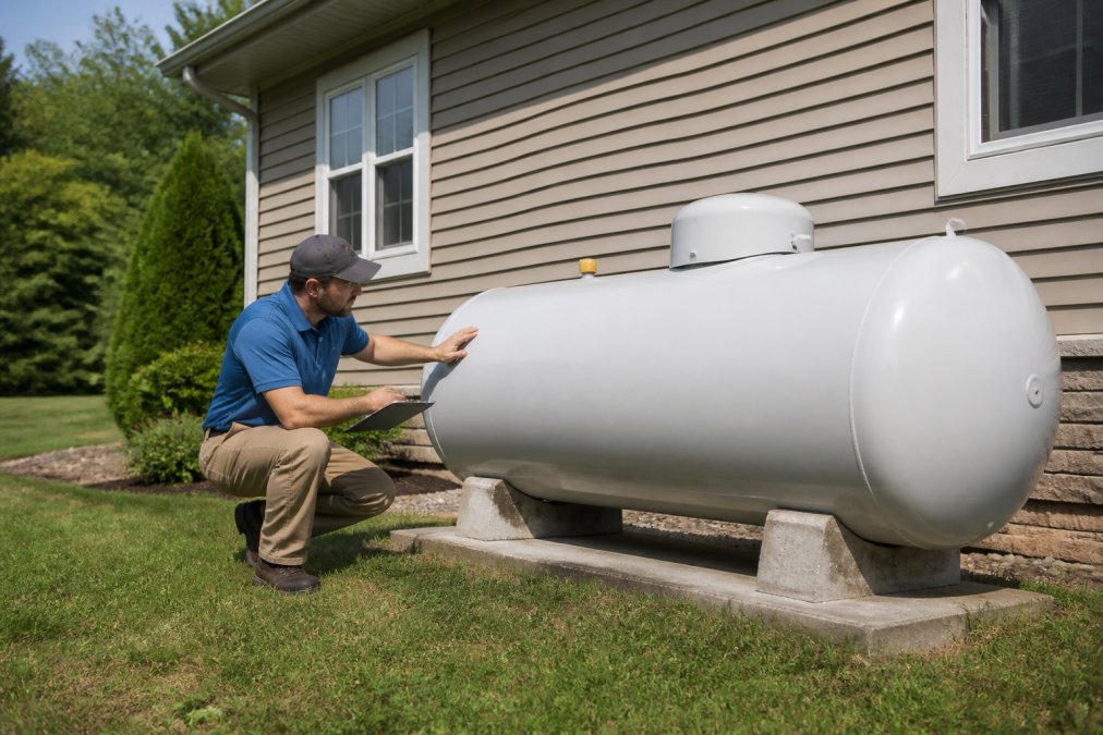 Professional propane technician inspecting an above-ground residential propane tank with visible concrete foundation, safety markings, and adequate clearance space from home structure