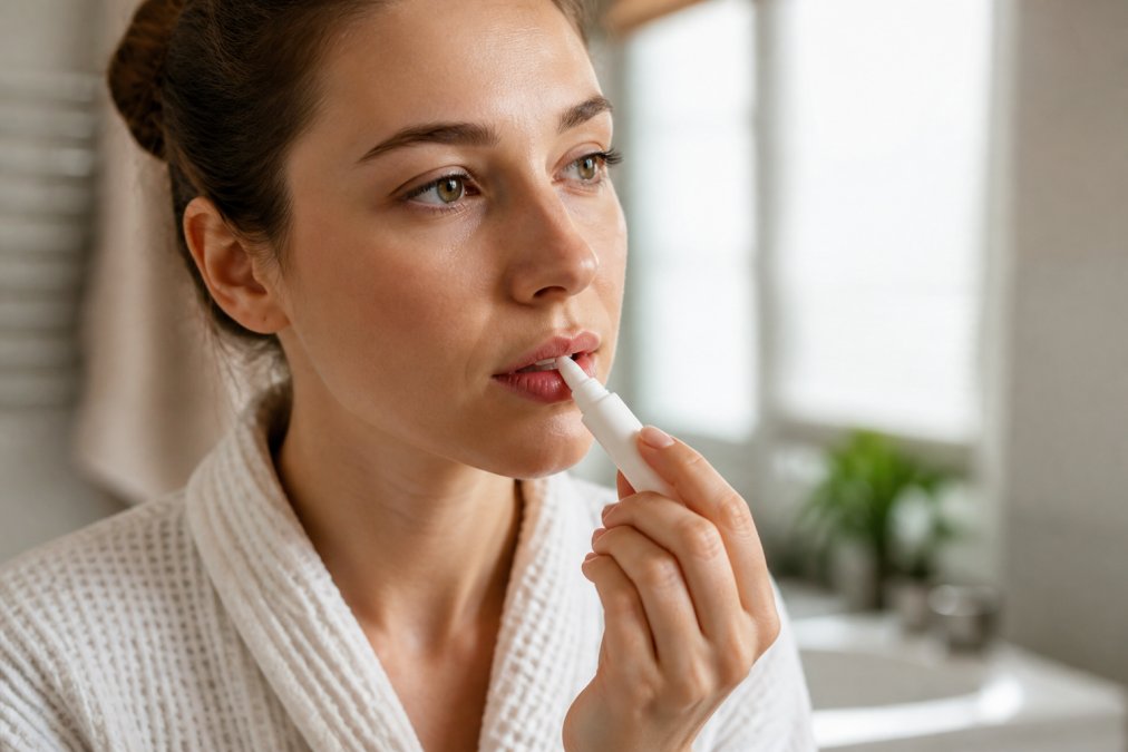 Person applying topical cold sore treatment to their lip, holding a product tube with careful precision, bright natural lighting on their face
