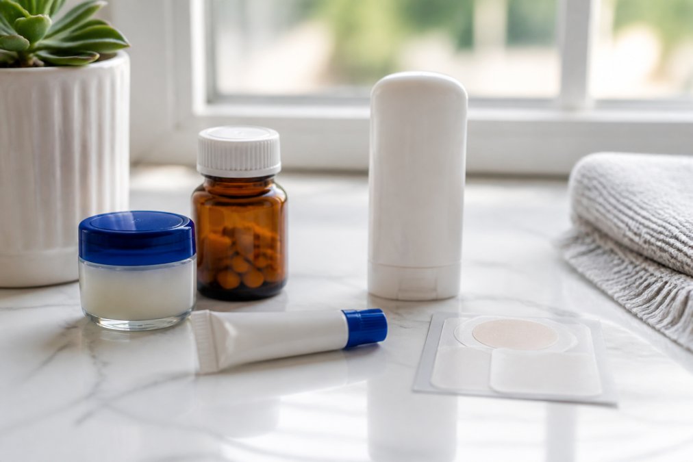 Close-up of various cold sore treatment products including creams, patches, and supplement bottles arranged on a clean white surface with natural window lighting