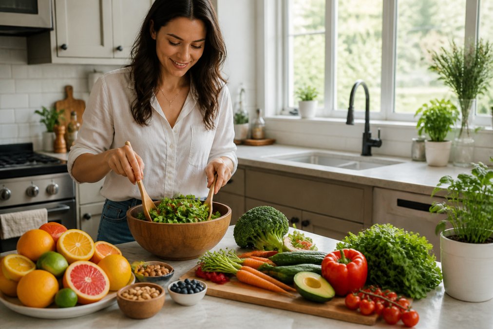 Person preparing a colorful healthy meal with fresh citrus fruits, leafy greens, and vegetables on a bright kitchen counter with natural window lighting, emphasizing nutrition for immune health