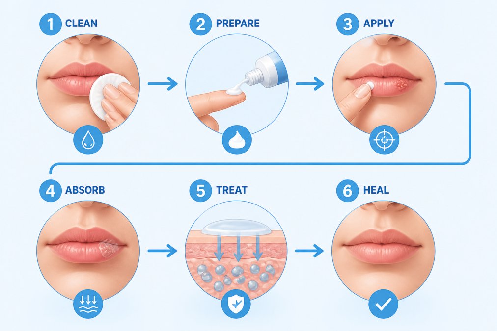 Close-up of hands applying topical cold sore treatment cream to lips with clear lighting showing the application process and affected area