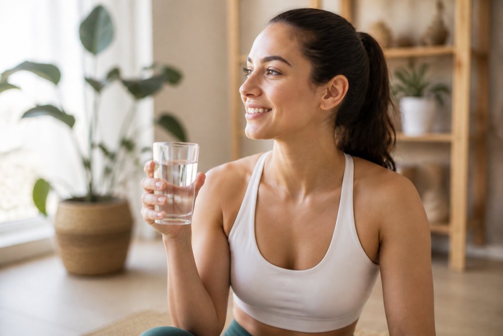 Person holding a glass of water with a healthy lifestyle background showing hydration and wellness habits during cold sore recovery