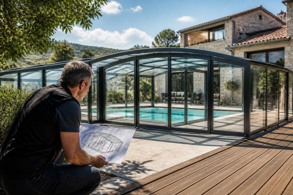 Professional installer examining custom pool shelter installation on luxury villa with stone architecture and modern glass enclosure, natural daylight illuminating the integrated design