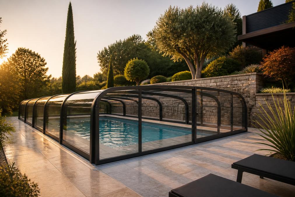 Abri de piscine en aluminium thermolaqué, une alternative haut de gamme installée sur une terrasse en pierre.