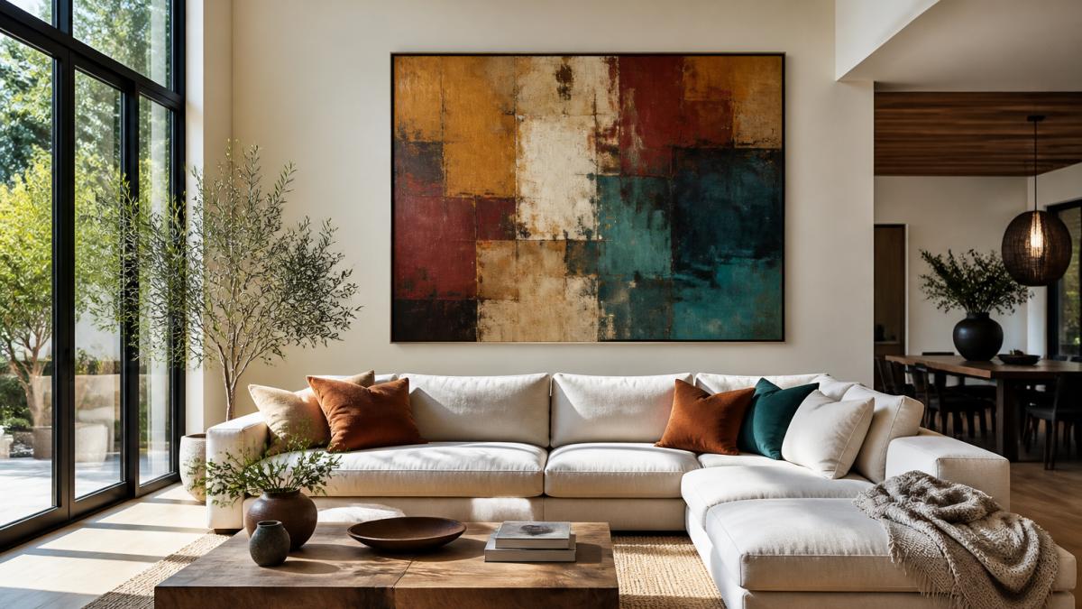 Modern living room with abstract art color palettes featuring warm earth tones and jewel accents above a sofa.
