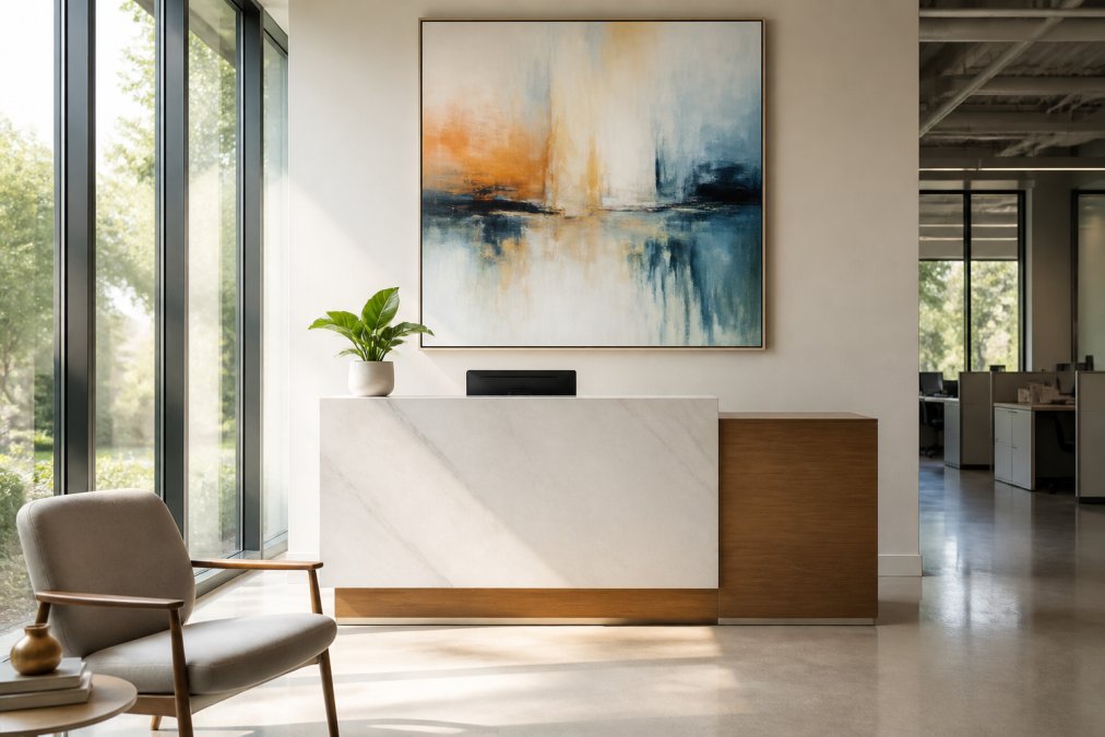 Large abstract art inspiration displayed on a wall in a bright, minimalist office reception area.