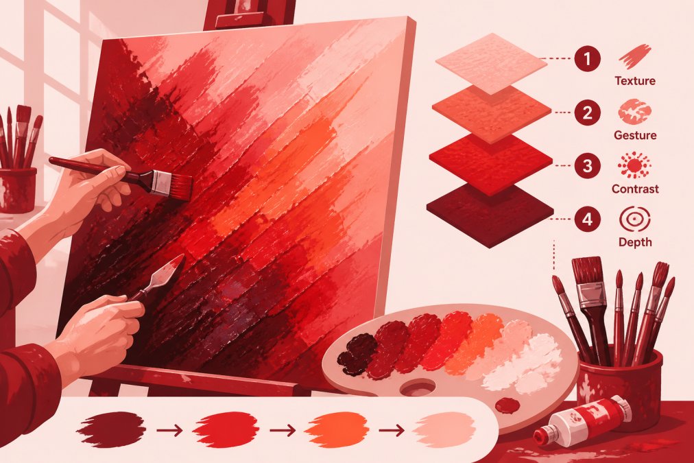 Artist's hands applying vibrant brushstrokes to canvas, showing layered colors transitioning from deep blues to warm oranges, with paint-splattered palette and brushes visible in natural studio light