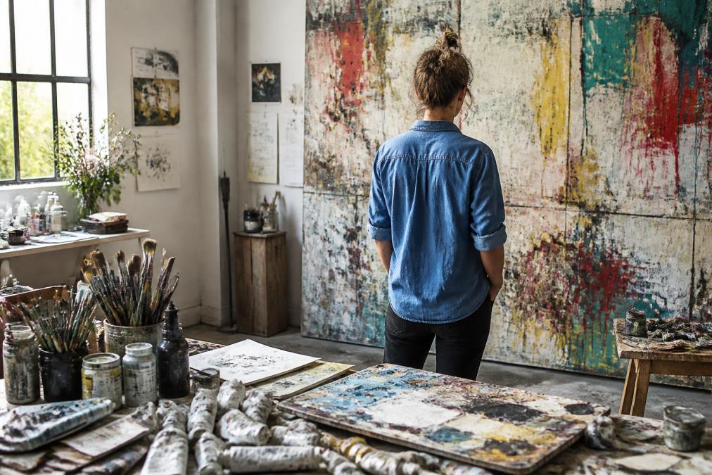 Artist standing before large abstract canvas in progress, surrounded by paint tubes, brushes, and sketches, with natural light from studio windows illuminating the layered work