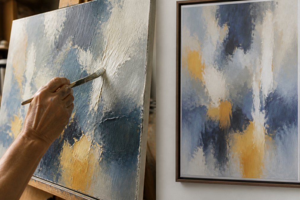 Close-up of an artist's hands applying thick brushstrokes to a canvas with visible texture, paint-laden brush mid-stroke, natural studio lighting illuminating the wet pigment and layered paint details