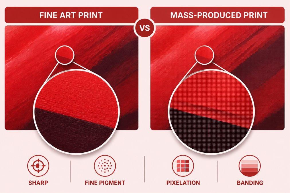 Magnified close-up of fine art print surface showing sharp, crisp color boundaries and fine pigment distribution with no visible dots or banding, contrasted with a magnified view of mass-produced print showing visible pixelation, color banding, and compression artifacts under the same magnification