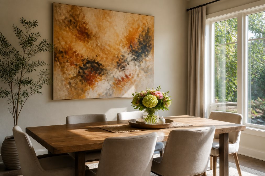 A bright, modern dining room with a large, textured abstract painting in warm tones hanging above a wooden dining table, natural light streaming from a nearby window