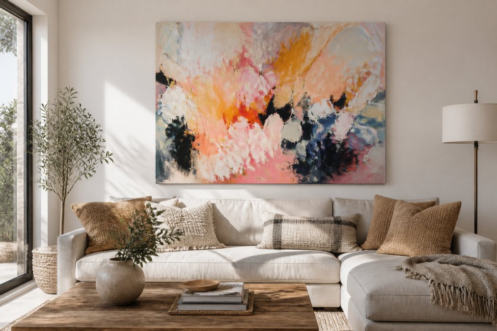 Bright modern living room with a large colorful abstract painting hanging above a neutral sofa, styled with textured throw pillows and a coffee table holding books and a ceramic vase, warm afternoon light