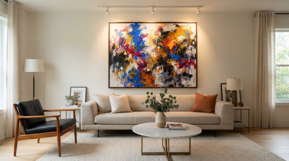 Modern living room with a large abstract expressionist painting as focal point above a neutral sofa, warm gallery lighting highlighting gestural brushwork and vibrant color field, minimalist furniture arrangement creating spatial harmony