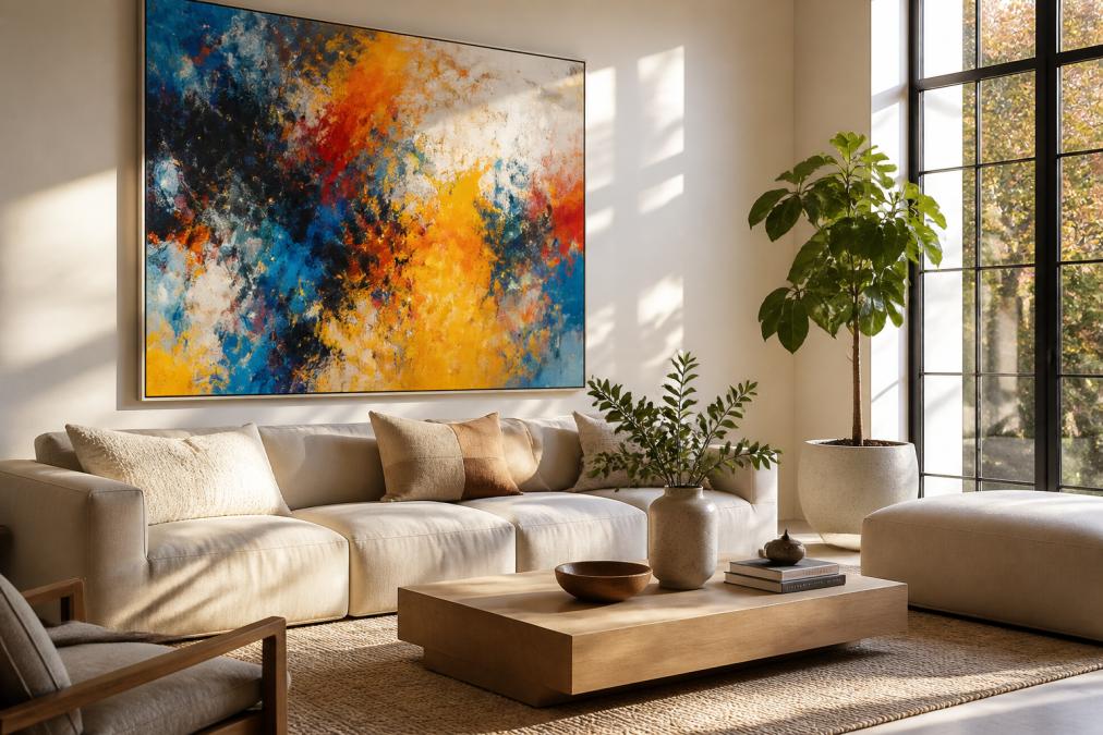 A bright, modern living room with a large, vibrant abstract canvas painting hung above a neutral linen sofa, warm afternoon light streaming through tall windows, minimal decor accessories including a single ceramic vase and woven throw